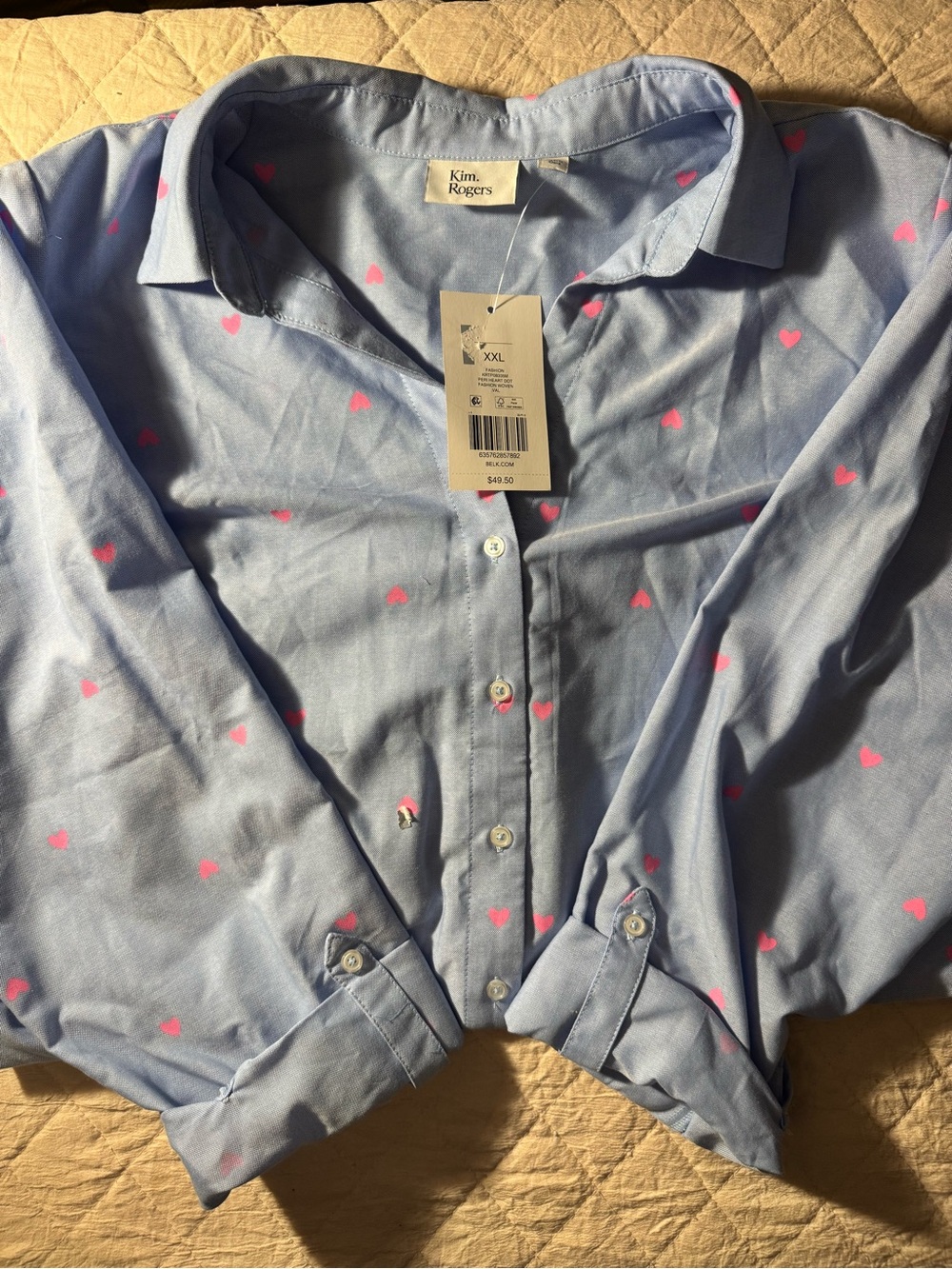 Kim Rogers Light Blue Button-Down Shirt with Pink Heart Motif